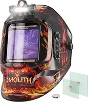 Omolith 3.93"X3.66" Large Viewing 1/1/1/1 True Color Welding Helmet with Light, 4 Arc Sensor Auto Darkening Welding Hood, Wide Shade 4/5-9/9-13 for TIG MIG Arc Weld Grinding Welder Mask Flame Skeleton