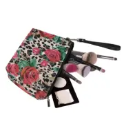 Leopard Skin And Rose Portable Cosmetic Bag Large Travel PU Leather Makeup Pouch
