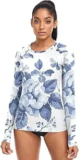 [RPLIFE] Blue and White Floral Women's Long Sleeve Swim Shirt Outdoor Fishing, Summer Modest Clothing