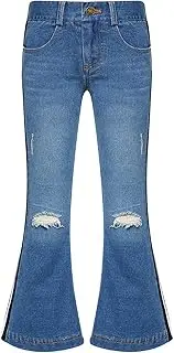 [Sinleey] Kids Girls Casual Ripped Holes Bell Bottom Jeans Youth Washed Blue High Waist Flare Denim Pants