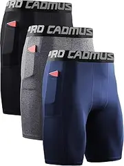 [Cadmus] 3 Pack Men Compression Gym Running Sports Underwear Base Layer Shorts with Side Pockets