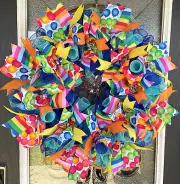 Birthday Balloon Party Front Door Deco Mesh Wreath Festive Bright Cheerful