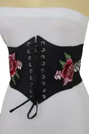 Women Waist Wide Strap Black Corset Elastic Waistband Belt Red Rose Flowers S M