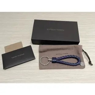 BOTTEGA VENETA 經典編織小羊皮銀色圓牌鑰匙圈(限量色) 正品 全新 深藍色 BV