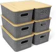 SHENMAIDAY 6-pack plastic storage bins with bamboo lids, stackable storage bins, plastic baskets with lids, bamboo lid desktop organizer storage boxes for shelves drawers closets (Gray)