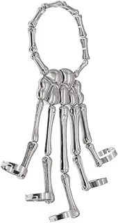 [FAMOORE] Men Women's Halloween Skull Skeleton Hand Bracelet With Ring (Silver)
