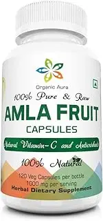Organic Aura AMLA Capsules 1000mg per Serving, 120 Veg Capsules, Natural Vitamin C and Antioxidants, Raw Whole Superfood, All Natural, Fresh and Original, No GMO and Gluten Free.