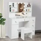 XXL Large Dressing Table Stool Set, Vanity Desk with LED Makeup Mirror 5 Drawers