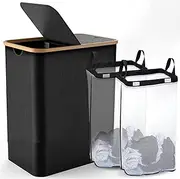 150L Laundry Hamper with Lid-Large Laundry Basket with Bamboo Handles, Grey Hampers for Laundry, Dirty Clothes Hamper with 2 Removable Inner Bags for Clothes Toys Towels (Black)