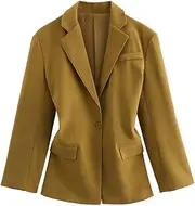 [Zadaos] Women'S 2-Piece Casual Wide-Leg Pants Retro Khaki Loose Bloomers + V-Neck Slim Blazer Suit