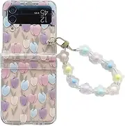 [SONIGRA] Flowers Girly Case for Galaxy Flip 4, Floral Design Case for Z Flip 4, Cute Women Clear Protective Case Cover for Samsung Galaxy Z Flip 4 5G with Color Beads Strap, Tulip
