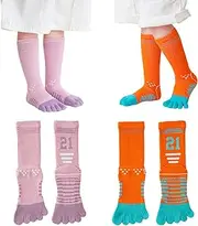 [Pursuestar] 2 Pairs Cotton Five Finger Toe Socks Athletic Running Long Calf High Seperated Socks for Boys Girls Kids Teens 6-15 Years
