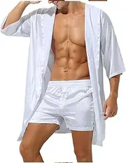 [Generic] Men's Pajama Sets Mens Half Sleeve Sleepwear Set Hooded Open Front Belted Bathrobe with Waistband Shorts for Nightwear Loungewear