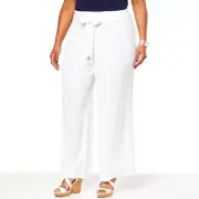 Nina Leonard Pebbled Woven Knit Pant with Sash Color White Size 1X #789635