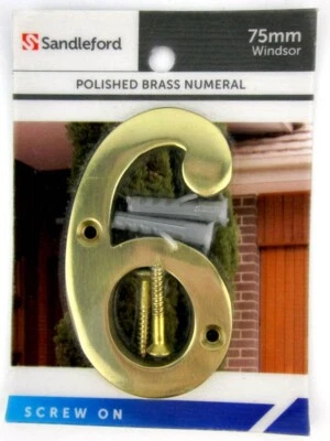 Sandleford 75mm Polished Brass Numeral No. 6 Screw on with Hardware