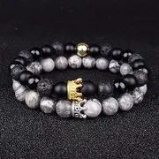 [QJZM] Natural Stone Beads Paired Bracelet Men Fashion Obsidian Lava Crown Charm Couple Bracelets for Women Distance Friendship Jewelry-17 centimeters_