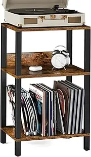 TUTOTAK Record Player Stand with Storage Up to 100 Albums,Record Storage Table,3 Tier End Table,Side Table for Living Room, Bedroom, Brown TB01BB075
