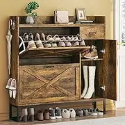 HUAHUU Shoe Storage Cabinet with 2 Flip Drawers & Side Cabinet & Drawer, Freestanding Shoe Organizer Cabinet with Adjustable Shelves, Shoe Cabinet Storage for Entryway, Hallway, Living Room, Brown