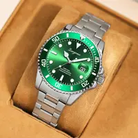 在飛比找蝦皮商城精選優惠-男士自動石英手錶日曆不銹鋼錶帶綠色和黑色錶盤時尚手錶