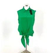 David Lawrence Ellie Tie Front Silk Top Womens Size 8 Emerald Button Front New