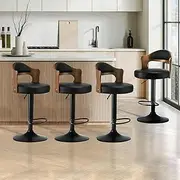 Oikiture Bar Stool Set of 4 With Gas Lift and PU Leather Seat - 57-77cm Height With Footrest, Swivel Chair for Home Kitchen Bar Dining Room, Black
