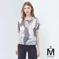 在飛比找momo購物網優惠-【MYVEGA 麥雪爾】MA荷葉造型袖葉子印花雪紡上衣-白