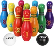 TOWO Wooden Skittles for Children - Skittle Set with Facial Emotions and Numbers - 10 Pin Bowling Set for Kids Indoor and Garden Toys - Wooden Toys for 2 Years Old Toddler