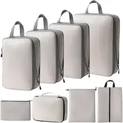 [Monehet] Compression Packing Cubes for Suitcase, Travel Bags Organizer for Luggage with Shoe Bag, Expandable and Premium Storage - Essential for Travel,Lightweight for Travel Accessories (8PCS-Beige)