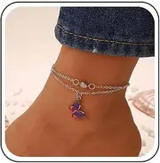[Cybche] Boho Layered Rhinestone Butterfly Anklet Bracelet Black Enamel Butterfly Pendant Anklet Summer Beach Small Crystal CZ Anklet Jewellery for Women