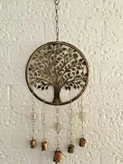Golden Tree Of Life Metal Hanging Wall Art W Beads & Bells Sculpture Home Garden