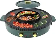 2 in 1 Electric Smokeless Grill and Hot Pot Indoor Smokeless BBQ Grill with Shabu Shabu Pot Separate Dual Temperature Control Separate Cleaning Capacity for 6-8 People Green