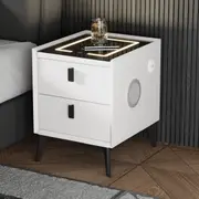 Oikiture Smart Bedside Table Wireless Charging LED 2 Drawers Nightstand White