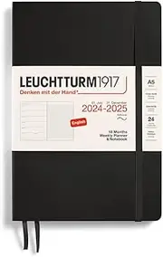 LEUCHTTURM1917 370808 Weekly Calendar & Notebook Medium (A5) 2025, 18 Months (07.2024-12.2025), Soft Cover, Black, English
