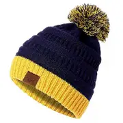 New Women'S Beanie Hat College High School Team Color Knitted Hats Two Tone Pom Pom Knit Winter Hat Ping Navy Blue Yellow 54cm-60cm
