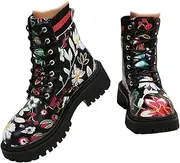 [Generic] Women's Fashion Flowers Flat Ankle Boots for Women Lace-Up Ladies Fashionable Combat Boots