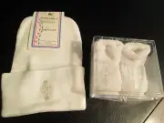 White Cross Baby Cap and Booties, Newborn, NWT