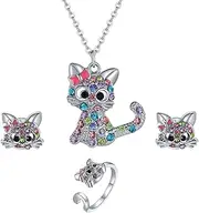 Dangle Earrings,Hinged Hoop,Drop,Earring Sets for Women, Ladies Fashion Cat Pendant Color Diamond Clavicle Necklace Ring Earring Set Festival Gift (Color : A, Size : One Size)