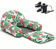 2-in-1 Convertible Pool Lounge Chair for Adults - Heavy Duty Inflatable Raft with Quick Dry Cover, Electric Air Pump, and Tropical Leaf Pattern (Light Green) LWX