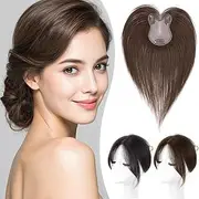 3.1x4.7" Free Part Hand Woven Forehead Lace Borderless Fluffy Human Hair Topper for Women with Thinning Hair, 12" Invisible Women Toupee Clip in Topper Top Extensions Wiglet Hairpiece Dark Brown