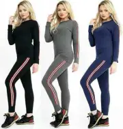 New Womens Long Sleeve Fabric Stripe Loop Back Suit Ladies Jogging Track Suit