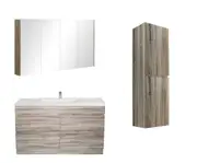 1500mm White Oak Qubist MDF Single Bowl Freestanding With Kickboard Vanity With Ceramic Top With Shaving Cabinet and Tall Boy