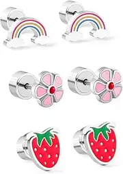 [NewZenro] 20g Strawberry Flower Rainbow Tiny Small Stud Earrings for Women Girls Cartilage Tragus Sensitive Ear Flat Back Stainless Steel Hypoallergenic Sleeper Piercing Fashion Jewelry 3 Pairs Set, Stainless