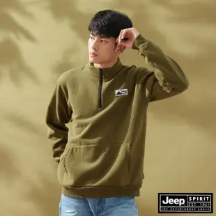 【JEEP】男裝 素色拉鍊立領刷毛長袖POLO衫(橄欖綠)