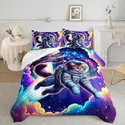 AILONEN 3D Astronaut Bedding Twin Space Astronaut Comforter Set for Kids Boys Girls,Cat Astronaut Comforter Set,Colorful Galaxy Ship Comforter 3-Piece,1 Comforter with 2 Pillowcases