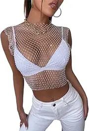 [Formery] Mesh Rhinestone Bikni Swimsuit Cover Ups Sexy See Through Sleeveless Beach Coverups Fishnet Hollow Out Crop Top Shirts Fashion Rave Festival Clubwear Cover Up for Women and Girls White
