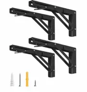 Pair 14" Folding Shelf Brackets 150 KG Load, Black Powdercoated Steel w/ Screws