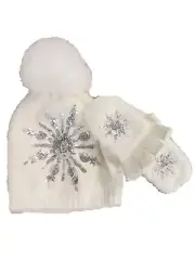Womens Plush White Pom Beanie Fingerless Mitten Gloves Sequin Snowflake Hat Set