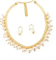 [INDIA MADE] Gold-Plated White Pearl Beaded Jewellery Set-AMZ-200, Silver, Emerald