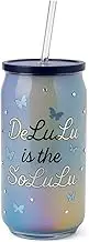 Delulu Glass Can Tumbler with Lid & Straw – Aesthetic 16oz Frosted Cup with Rhinestones & Ribbon Design, Trendy Iced Coffee Cup for Women, Girls, Gifts