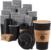 50-PCS Lamosi 16OZ Coffee Cups 16 Ounce to Go Cups with Lids Stir Sticks Black